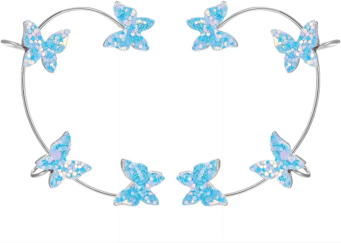 1 Pair Glitter Butterfly Cuff Earrings Zirconia Crystal No Piercing Fake Adjustable Ear Cuff Clip Wrap Around for Women Wrap Crawler Jewelry