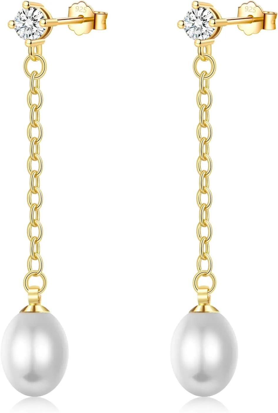 14K Gold Plated Sterling Silver Post Shell Pearl Drop Earrings Cubic Zirconia Studs Dangle Dangling Earrings | Pearl Earrings for Women Bridesmaid Bride