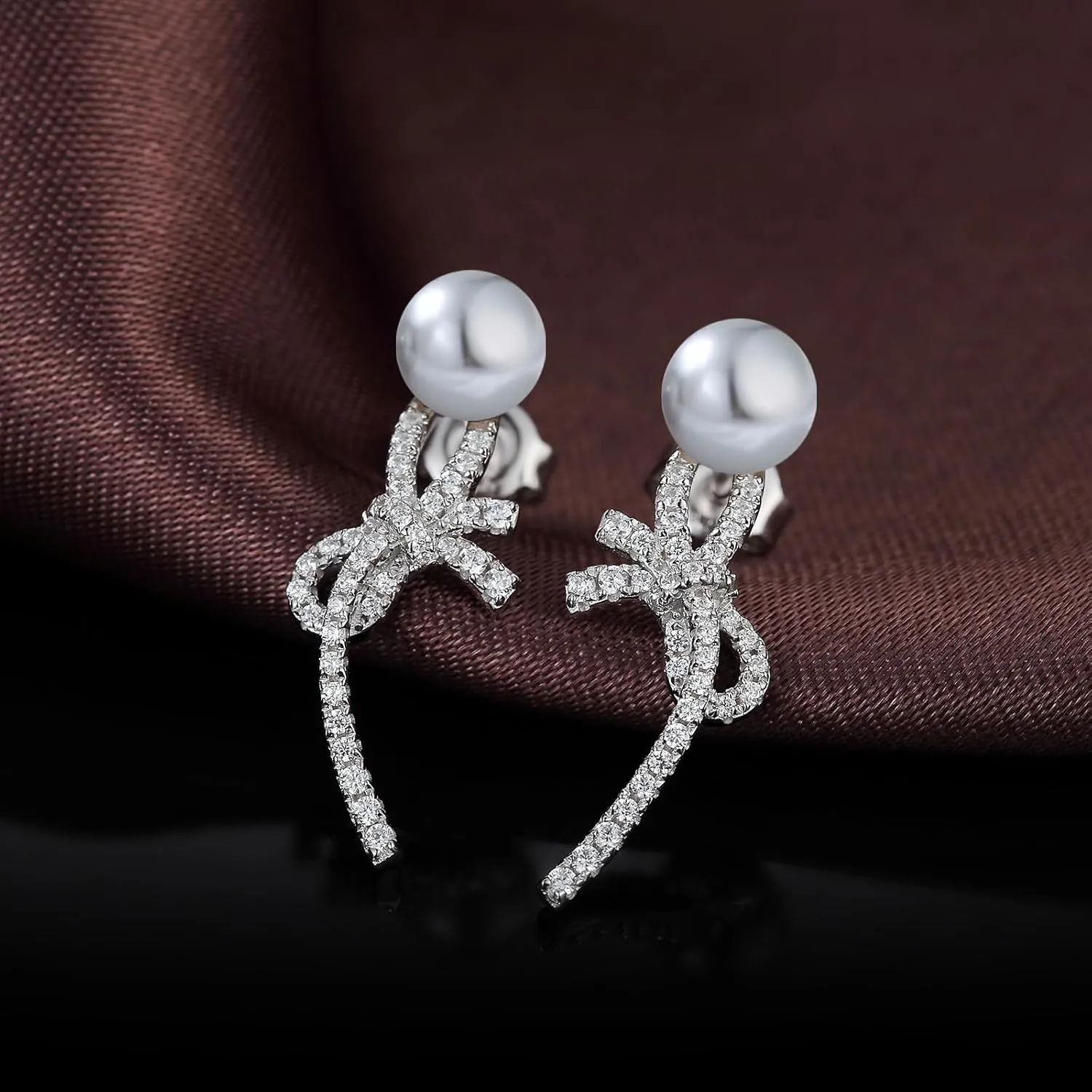 18K White Gold Plated Bow Tie Pearl Earrings for Women, 925 Sterling Silver Cubic Zirconia Diamond Pearl Dangle Earrings White and Gray 6MM Pearl Jewelry for Women