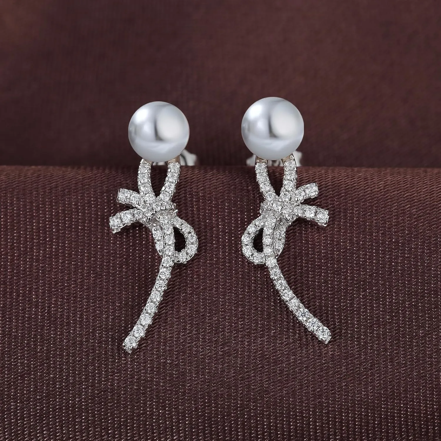 18K White Gold Plated Bow Tie Pearl Earrings for Women, 925 Sterling Silver Cubic Zirconia Diamond Pearl Dangle Earrings White and Gray 6MM Pearl Jewelry for Women