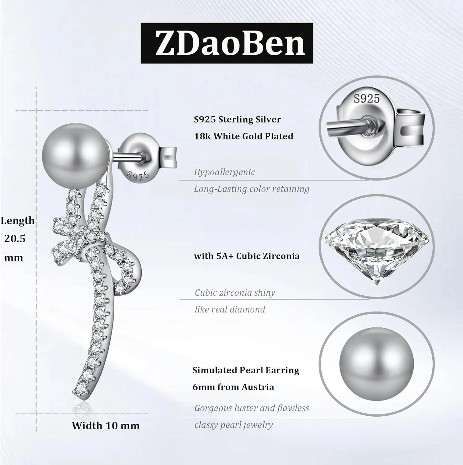 18K White Gold Plated Bow Tie Pearl Earrings for Women, 925 Sterling Silver Cubic Zirconia Diamond Pearl Dangle Earrings White and Gray 6MM Pearl Jewelry for Women