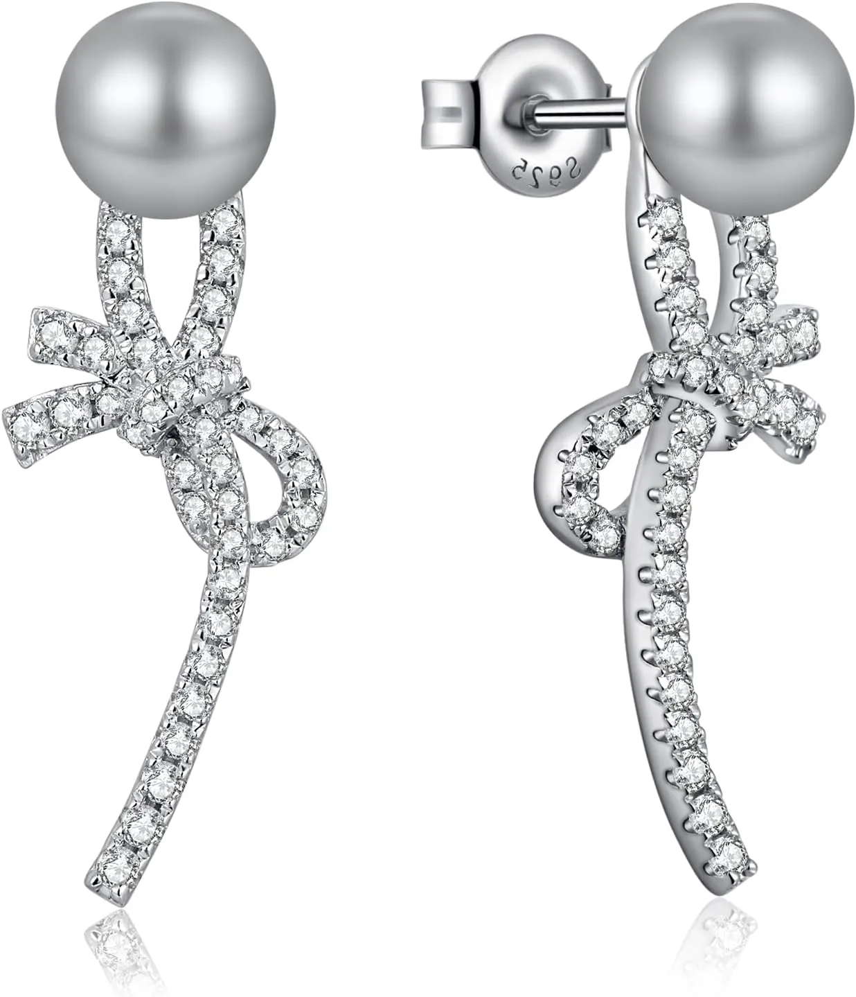 18K White Gold Plated Bow Tie Pearl Earrings for Women, 925 Sterling Silver Cubic Zirconia Diamond Pearl Dangle Earrings White and Gray 6MM Pearl Jewelry for Women