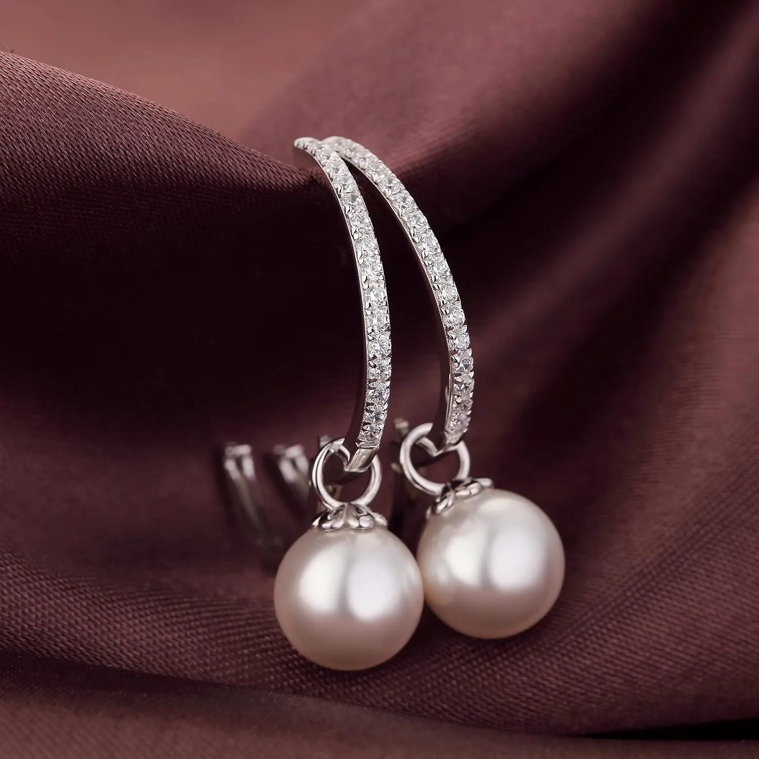 18K White Gold Plated Large Pearl Hoop Earrings for Women, 925 Sterling Silver Pearl Dangle Earrings 10MM, Two Wearing Styles, Pearl Jewelry for Women