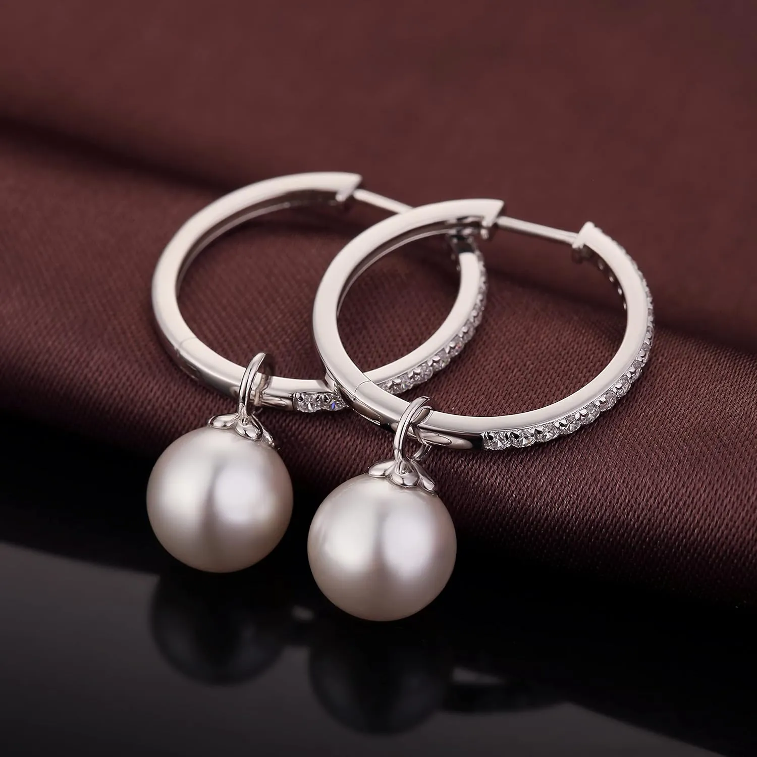 18K White Gold Plated Large Pearl Hoop Earrings for Women, 925 Sterling Silver Pearl Dangle Earrings 10MM, Two Wearing Styles, Pearl Jewelry for Women