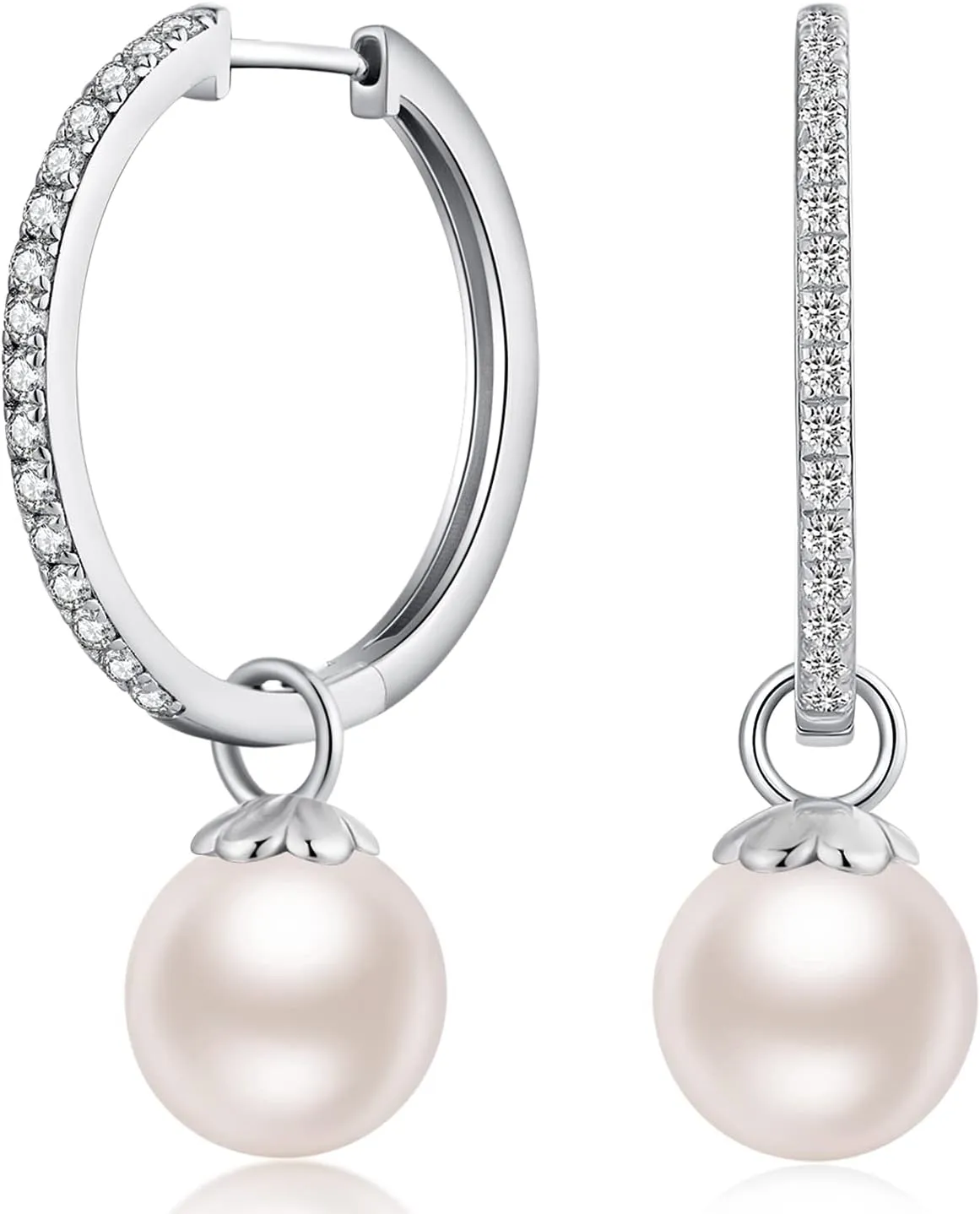 18K White Gold Plated Large Pearl Hoop Earrings for Women, 925 Sterling Silver Pearl Dangle Earrings 10MM, Two Wearing Styles, Pearl Jewelry for Women