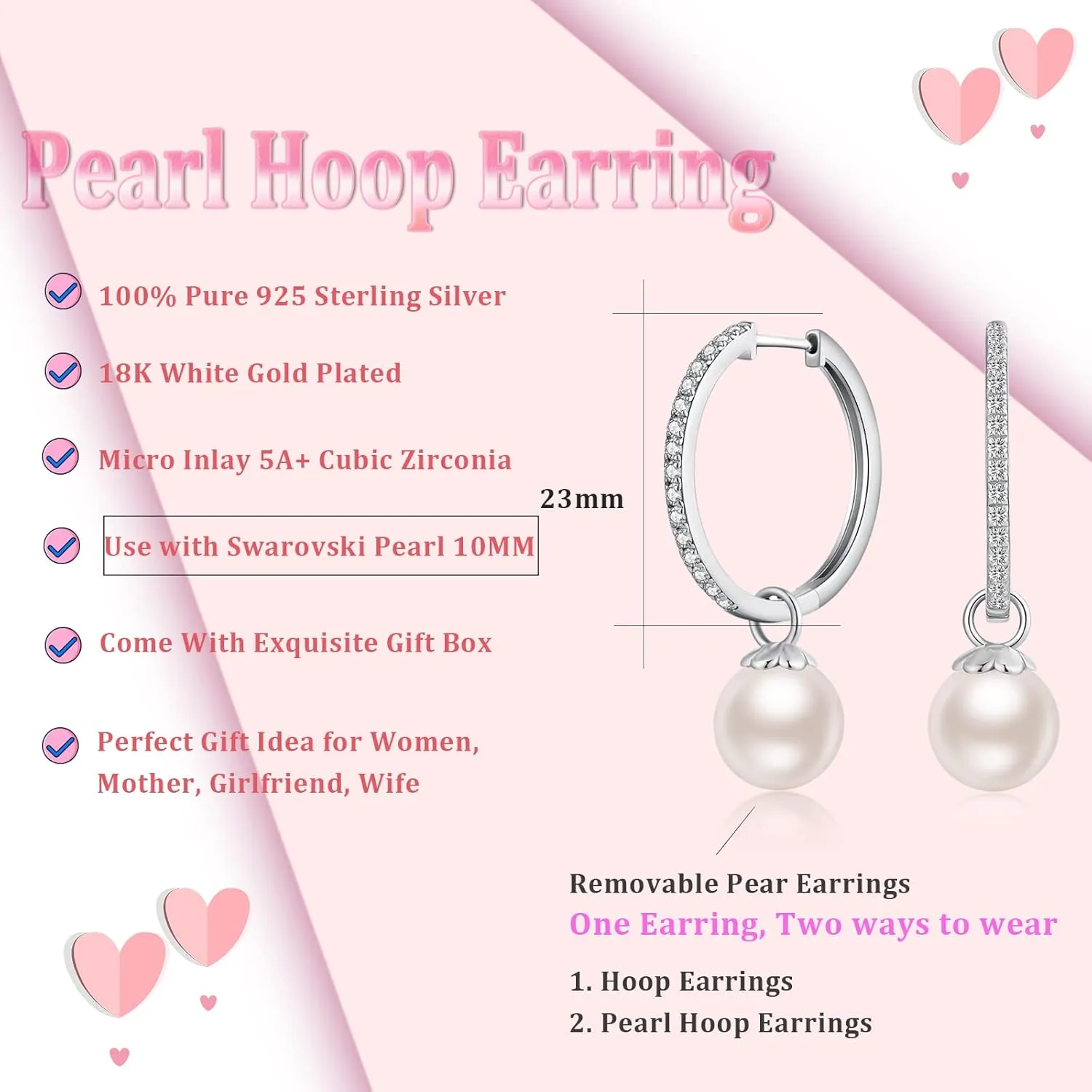 18K White Gold Plated Large Pearl Hoop Earrings for Women, 925 Sterling Silver Pearl Dangle Earrings 10MM, Two Wearing Styles, Pearl Jewelry for Women