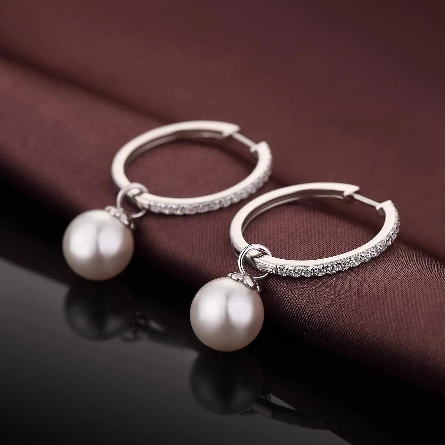 18K White Gold Plated Large Pearl Hoop Earrings for Women, 925 Sterling Silver Pearl Dangle Earrings 10MM, Two Wearing Styles, Pearl Jewelry for Women