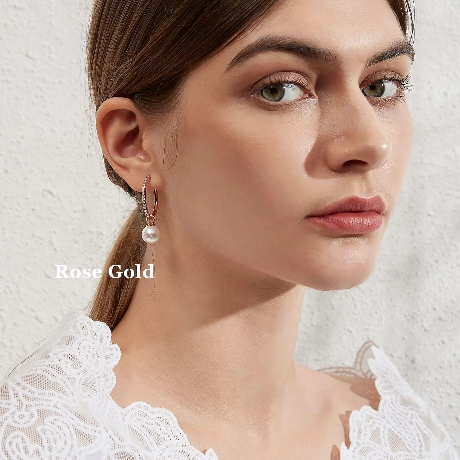 18K White Gold Plated Large Pearl Hoop Earrings for Women, 925 Sterling Silver Pearl Dangle Earrings 10MM, Two Wearing Styles, Pearl Jewelry for Women