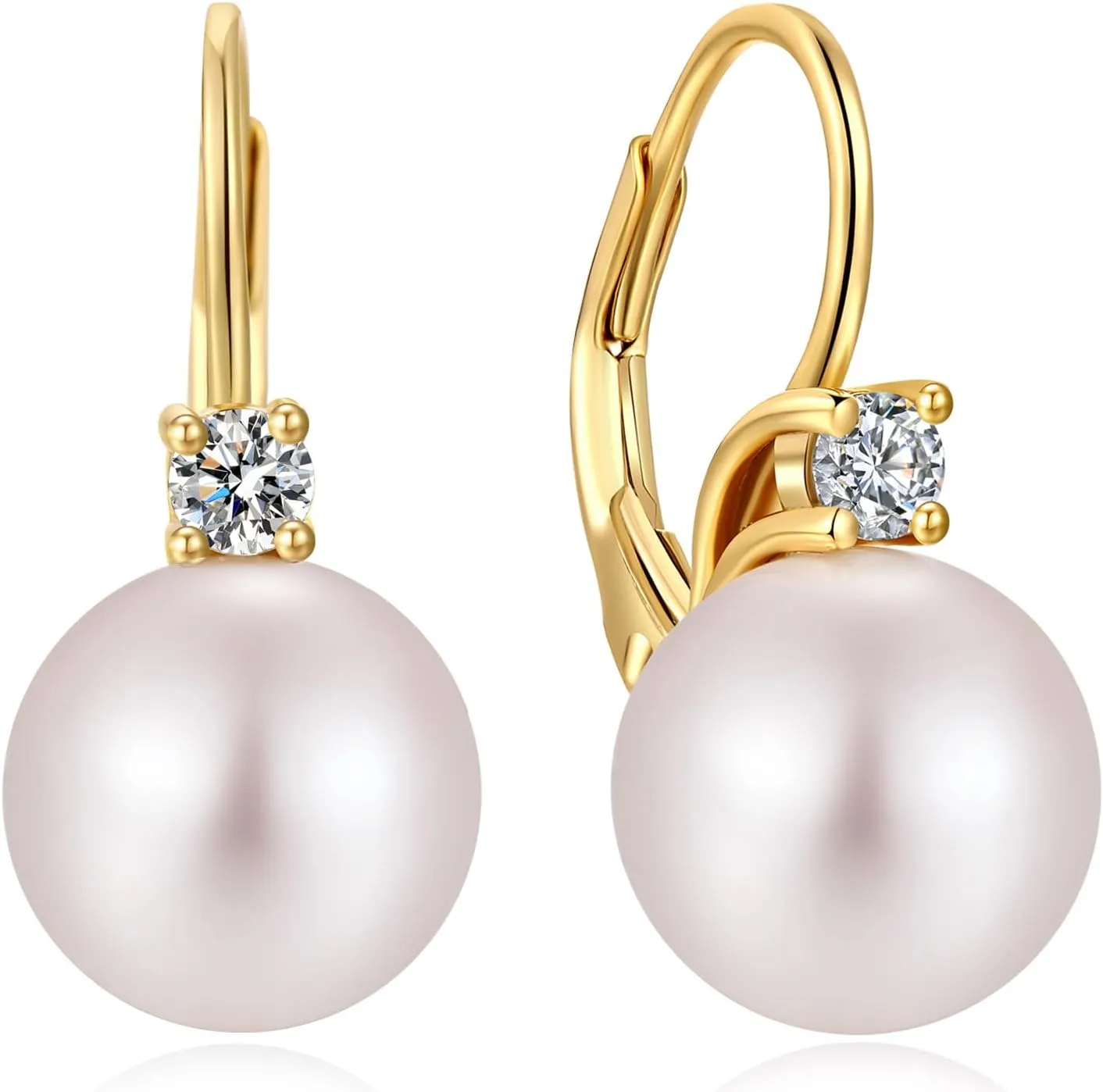 18K White Gold Plated Pearl Leverback Earrings, 925 Sterling Silver Cubic Zirconia Pearl Dangle Earrings for Women 10MM, Fine Pearl Jewelry Gift for Women/Wife/Mother