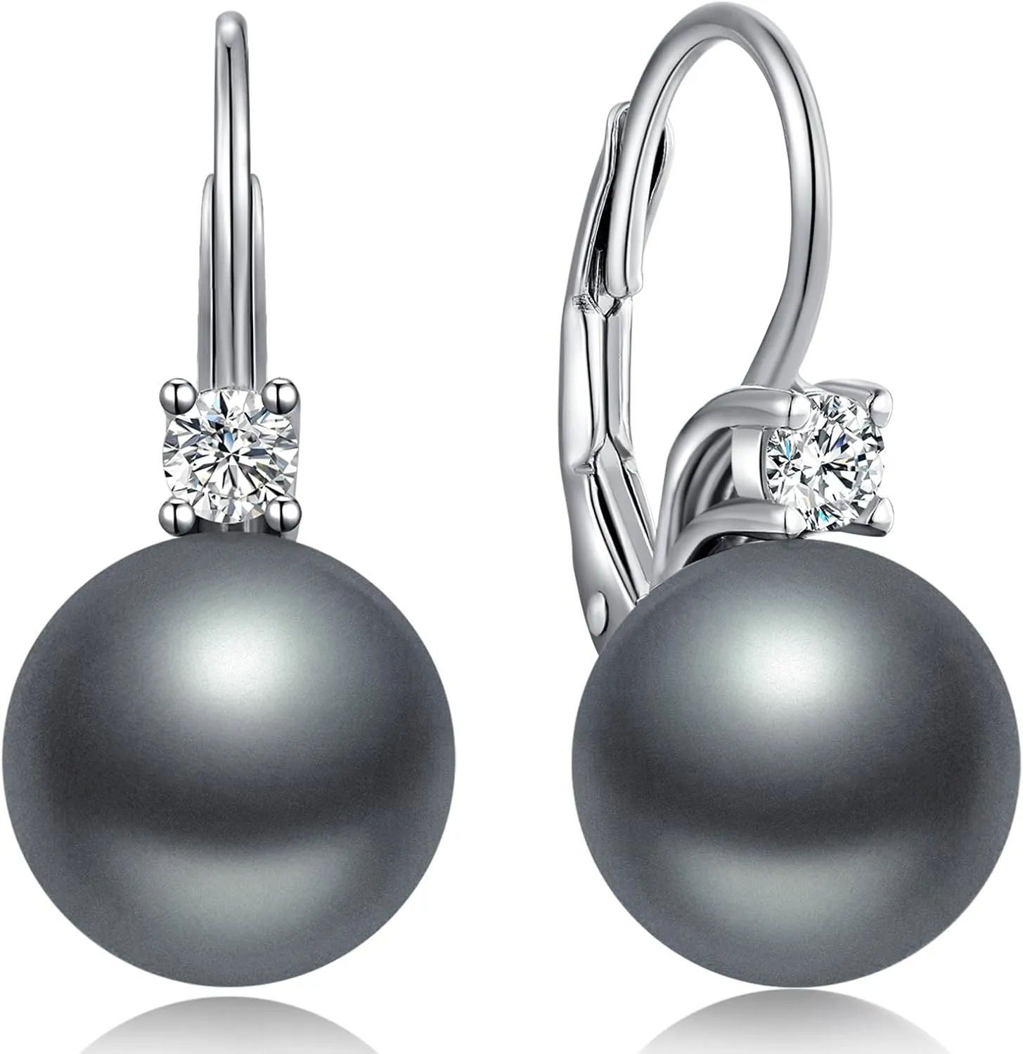 18K White Gold Plated Pearl Leverback Earrings, 925 Sterling Silver Cubic Zirconia Pearl Dangle Earrings for Women 10MM, Fine Pearl Jewelry Gift for Women/Wife/Mother