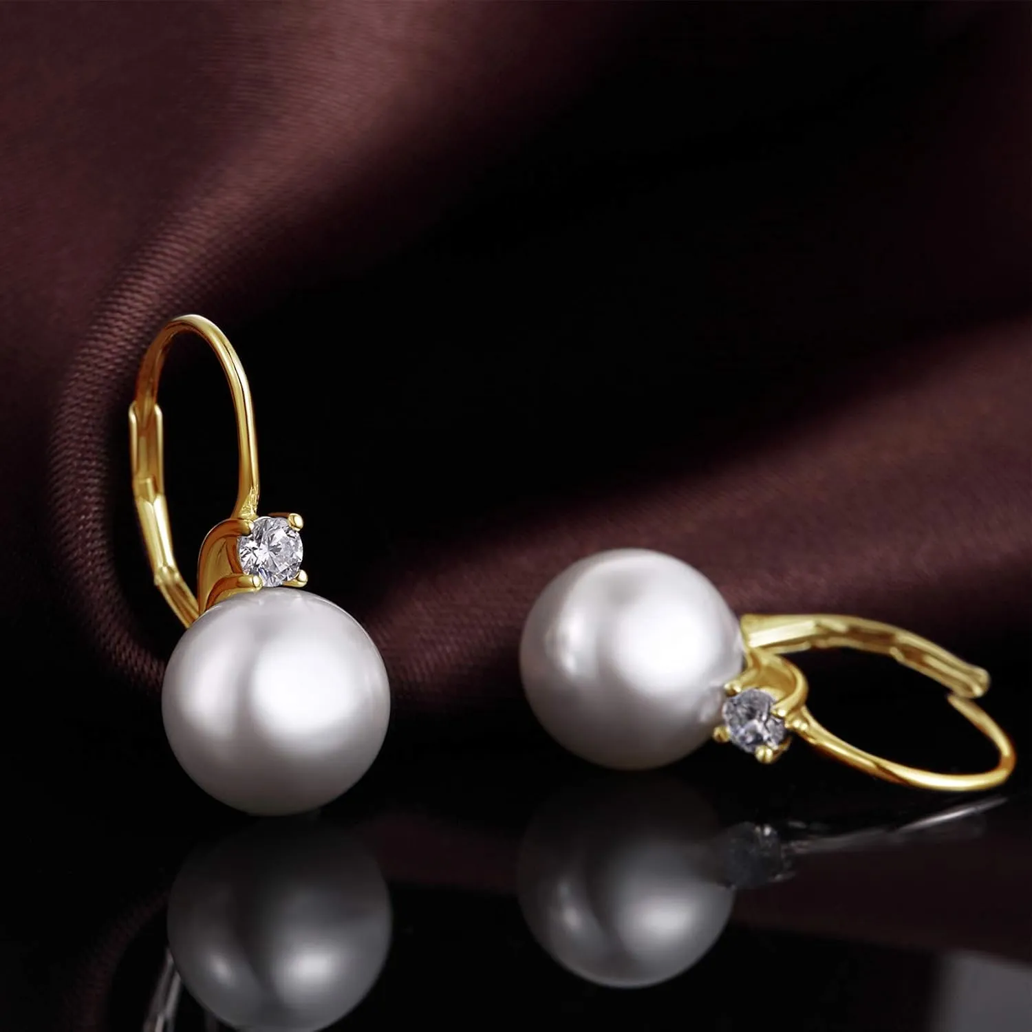 18K White Gold Plated Pearl Leverback Earrings, 925 Sterling Silver Cubic Zirconia Pearl Dangle Earrings for Women 10MM, Fine Pearl Jewelry Gift for Women/Wife/Mother