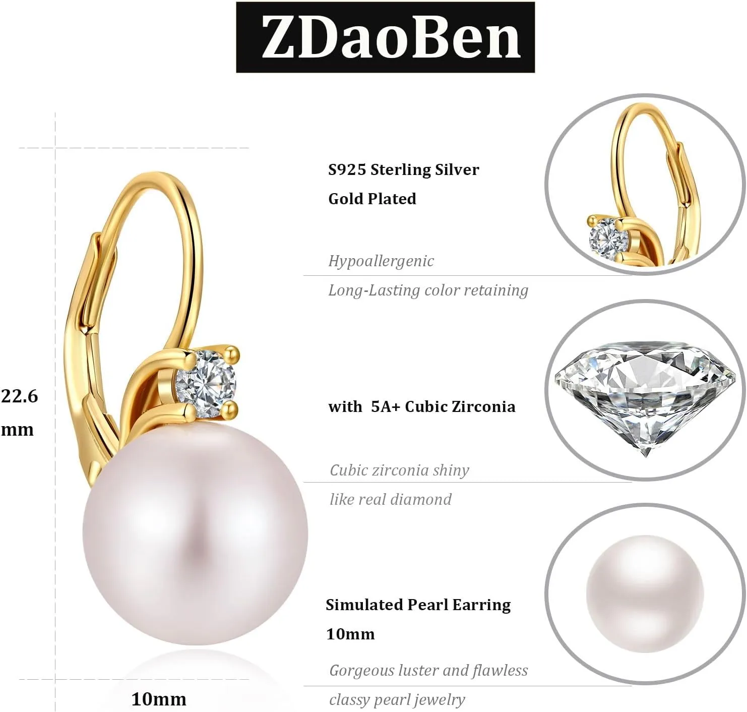 18K White Gold Plated Pearl Leverback Earrings, 925 Sterling Silver Cubic Zirconia Pearl Dangle Earrings for Women 10MM, Fine Pearl Jewelry Gift for Women/Wife/Mother
