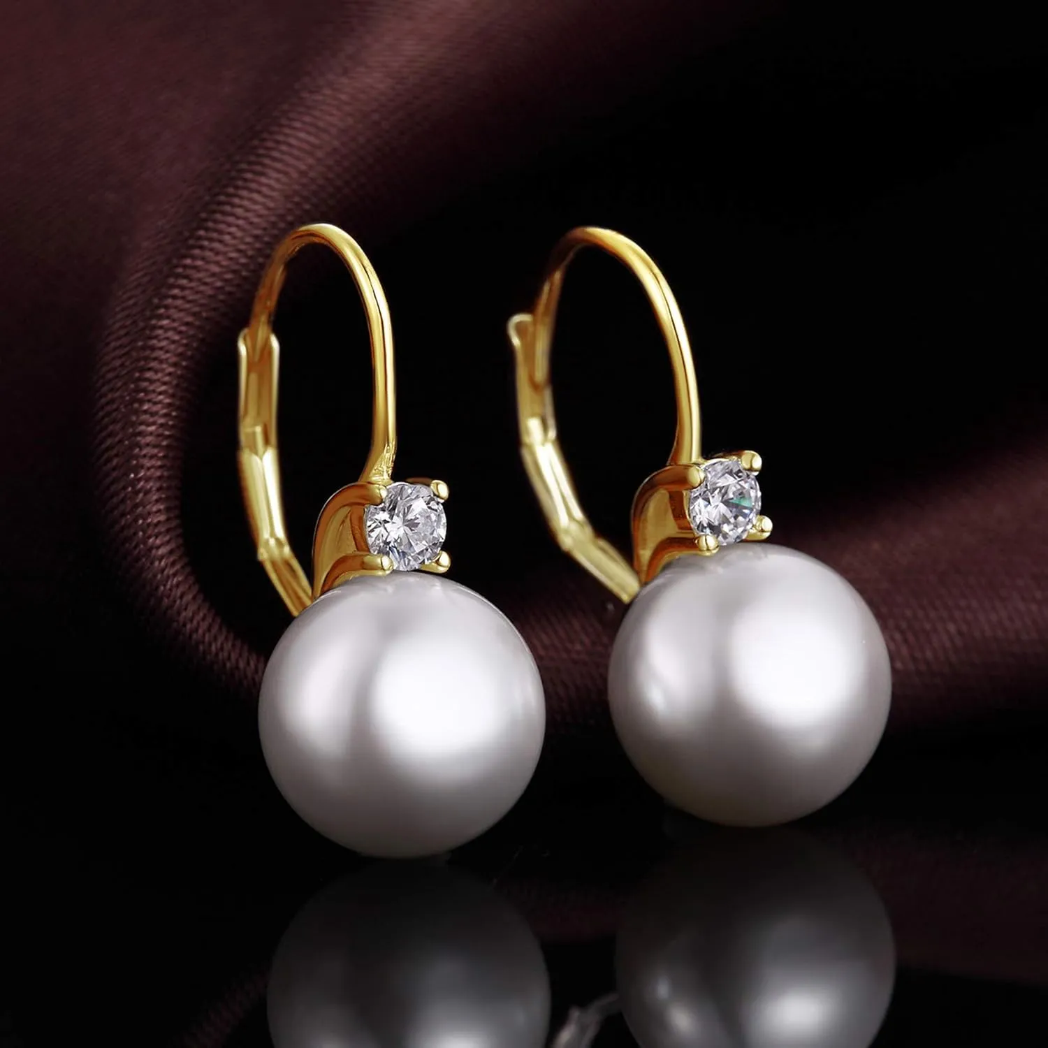 18K White Gold Plated Pearl Leverback Earrings, 925 Sterling Silver Cubic Zirconia Pearl Dangle Earrings for Women 10MM, Fine Pearl Jewelry Gift for Women/Wife/Mother