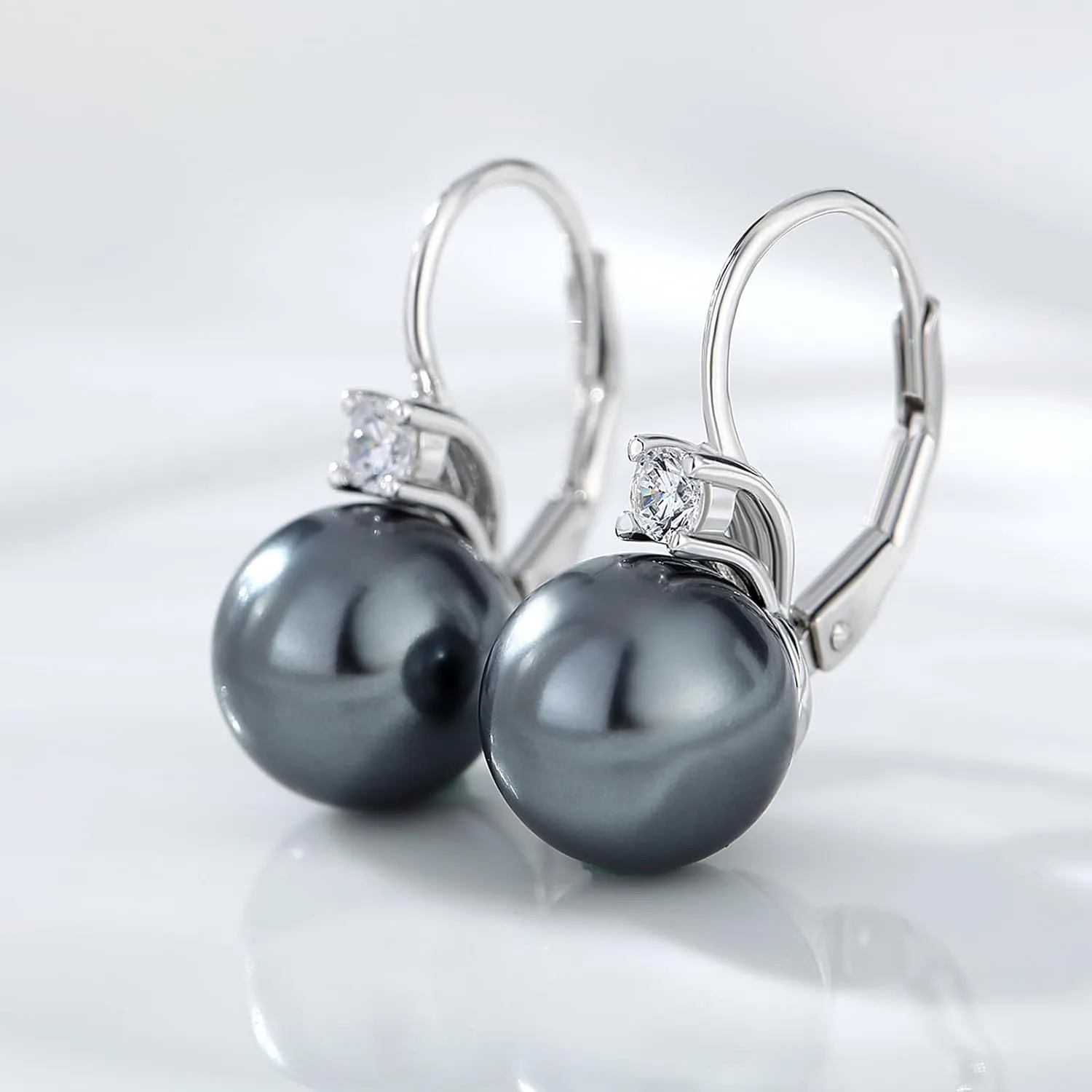 18K White Gold Plated Pearl Leverback Earrings, 925 Sterling Silver Cubic Zirconia Pearl Dangle Earrings for Women 10MM, Fine Pearl Jewelry Gift for Women/Wife/Mother