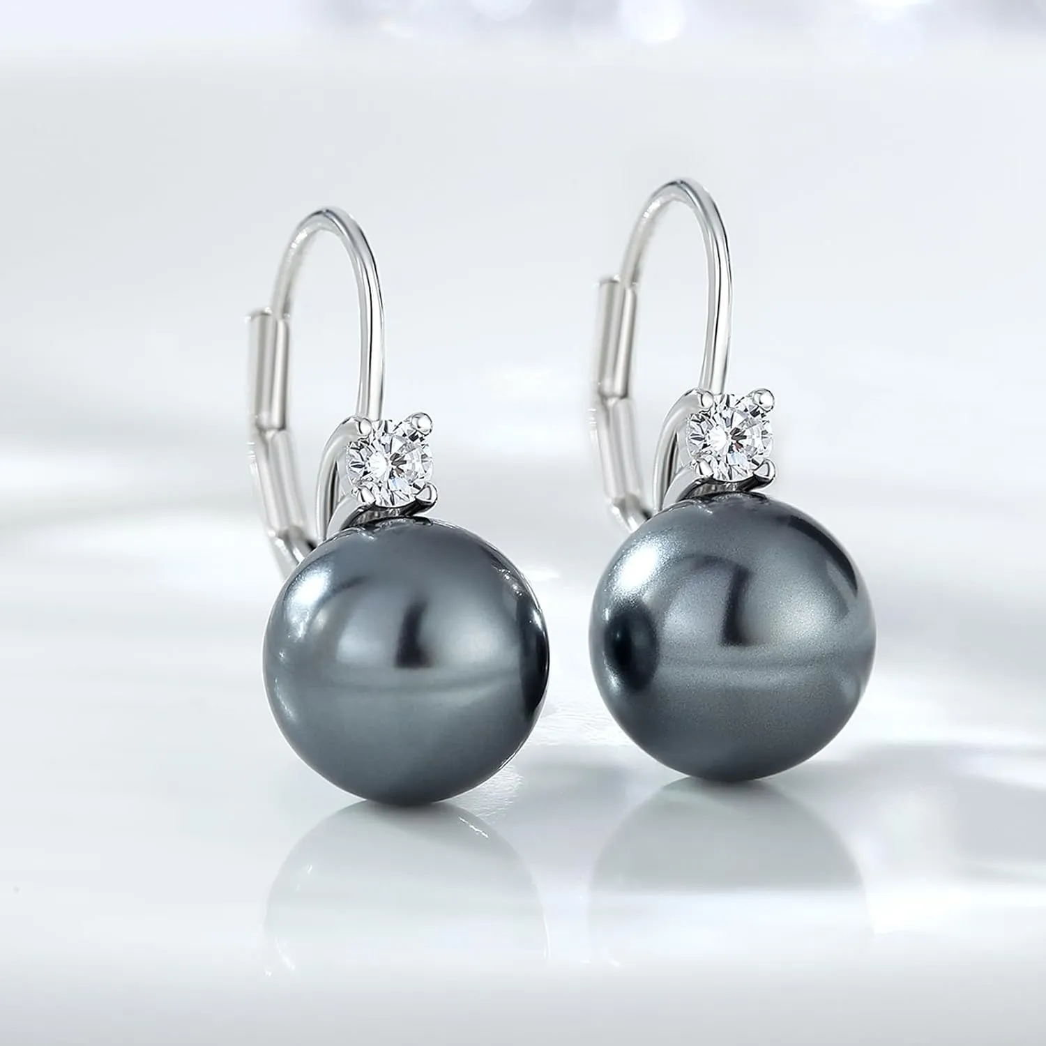 18K White Gold Plated Pearl Leverback Earrings, 925 Sterling Silver Cubic Zirconia Pearl Dangle Earrings for Women 10MM, Fine Pearl Jewelry Gift for Women/Wife/Mother