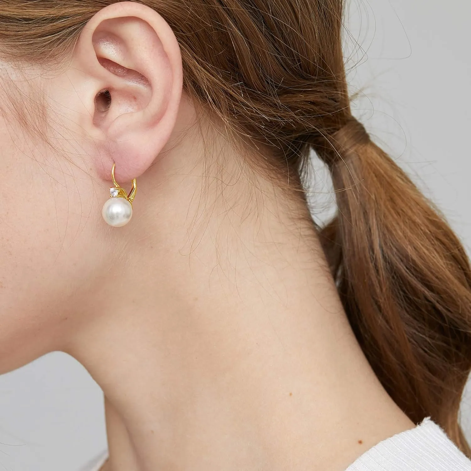 18K White Gold Plated Pearl Leverback Earrings, 925 Sterling Silver Cubic Zirconia Pearl Dangle Earrings for Women 10MM, Fine Pearl Jewelry Gift for Women/Wife/Mother
