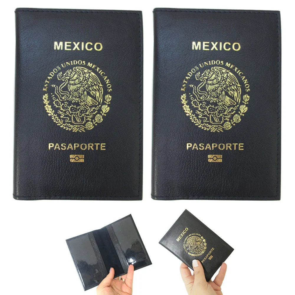 2 Pc Mexico Passport Cover Travel ID Card Cash Wallet Holder Leather Case Blue