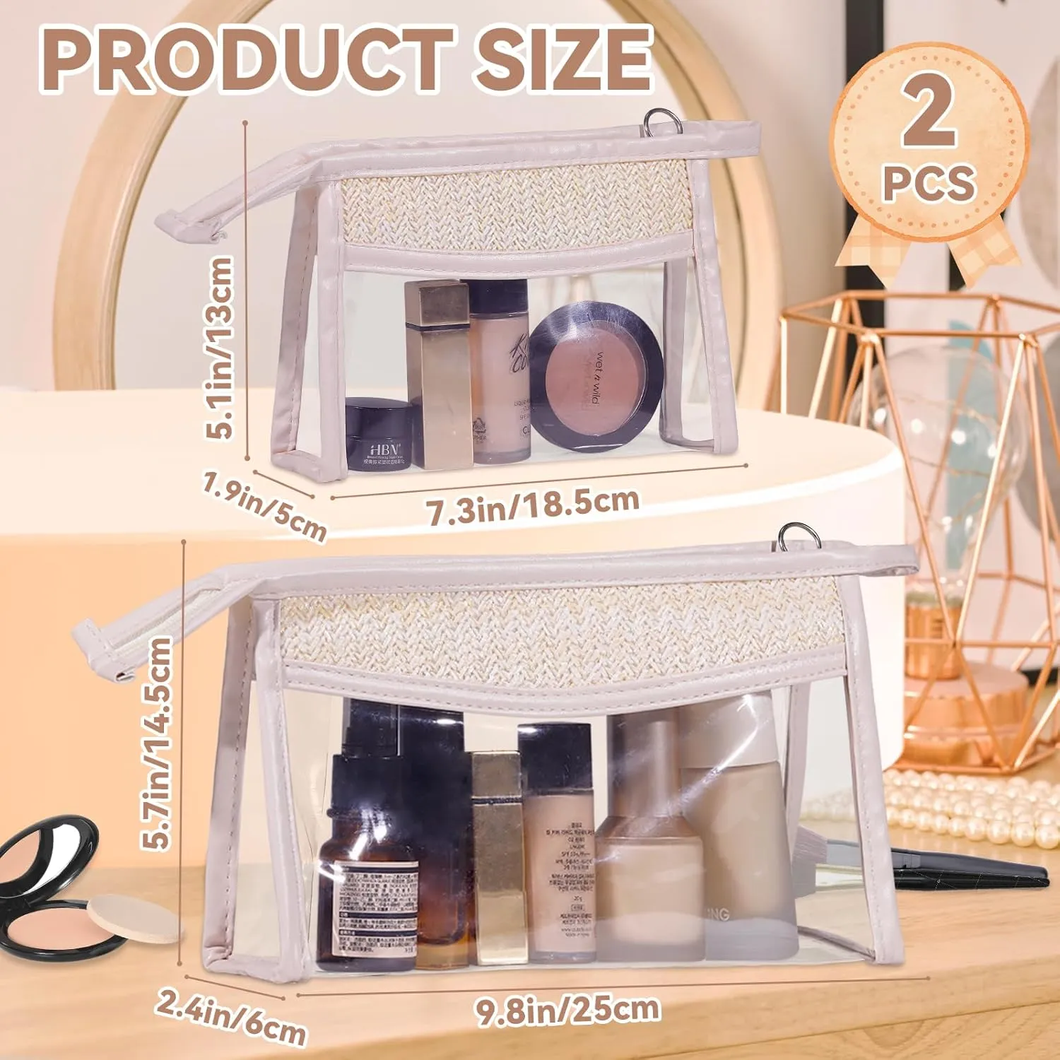 2 PCS Clear Makeup Letter Bags Straw Cosmetic Bag, PVC Transparent Pouch with Zipper, Waterproof Beach Travel Toiletry Cosmetic Sunscreen Bags for Women (2, Beige, Large)
