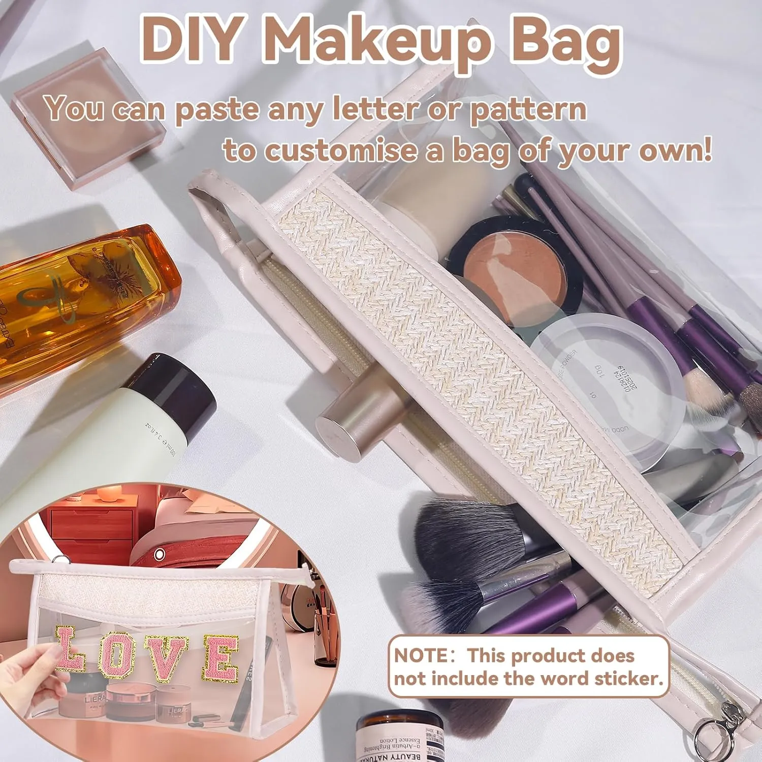 2 PCS Clear Makeup Letter Bags Straw Cosmetic Bag, PVC Transparent Pouch with Zipper, Waterproof Beach Travel Toiletry Cosmetic Sunscreen Bags for Women (2, Beige, Large)