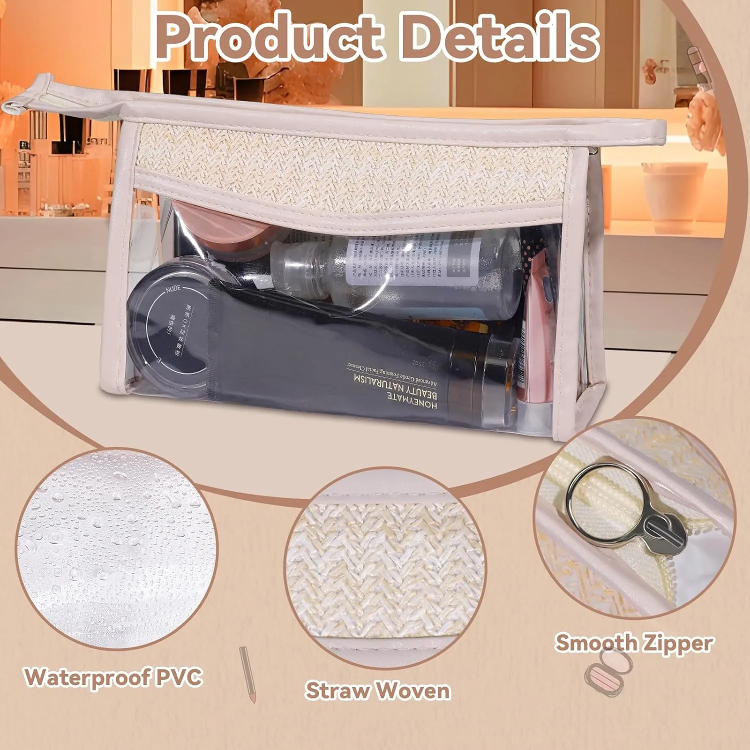 2 PCS Clear Makeup Letter Bags Straw Cosmetic Bag, PVC Transparent Pouch with Zipper, Waterproof Beach Travel Toiletry Cosmetic Sunscreen Bags for Women (2, Beige, Large)