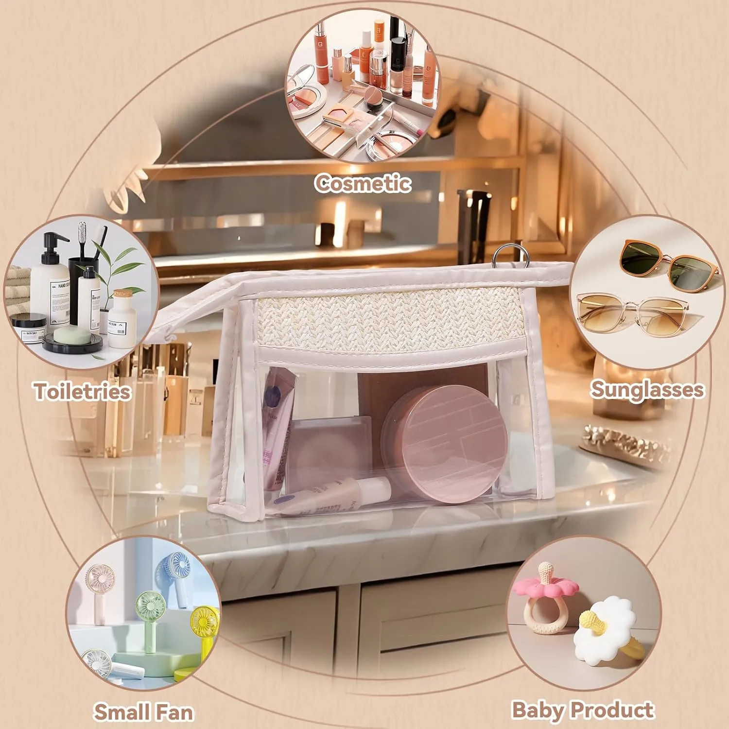 2 PCS Clear Makeup Letter Bags Straw Cosmetic Bag, PVC Transparent Pouch with Zipper, Waterproof Beach Travel Toiletry Cosmetic Sunscreen Bags for Women (2, Beige, Large)