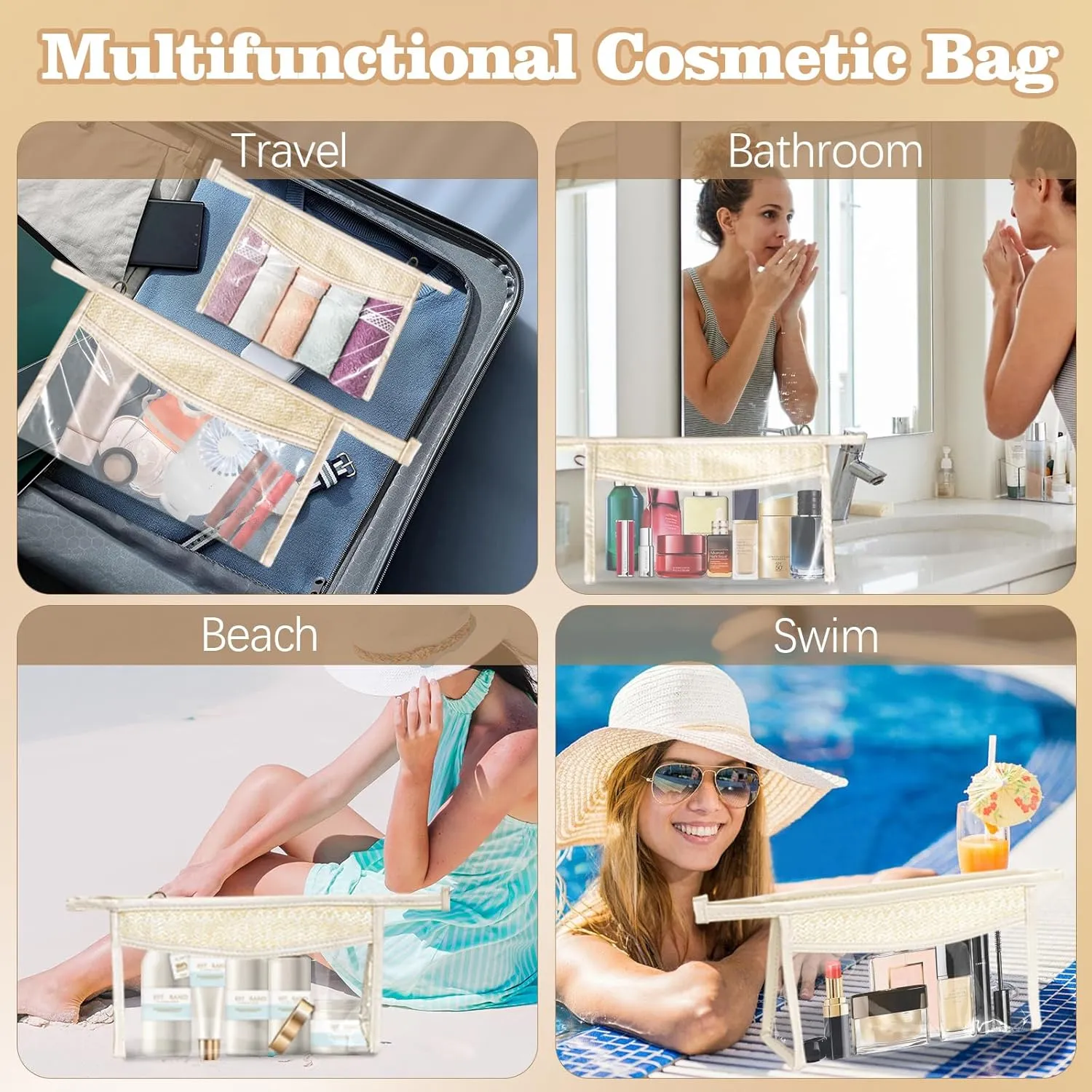 2 PCS Clear Makeup Letter Bags Straw Cosmetic Bag, PVC Transparent Pouch with Zipper, Waterproof Beach Travel Toiletry Cosmetic Sunscreen Bags for Women (2, Beige, Large)