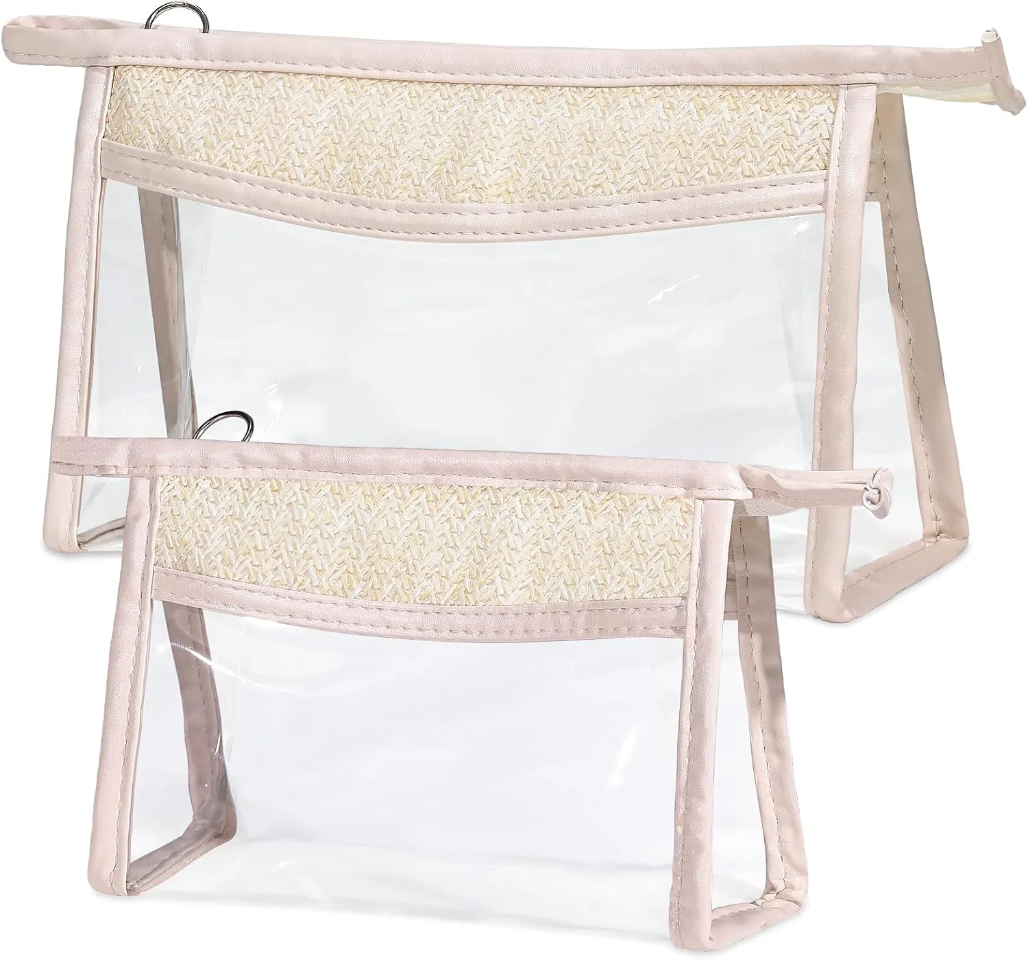 2 PCS Clear Makeup Letter Bags Straw Cosmetic Bag, PVC Transparent Pouch with Zipper, Waterproof Beach Travel Toiletry Cosmetic Sunscreen Bags for Women (2, Beige, Large)