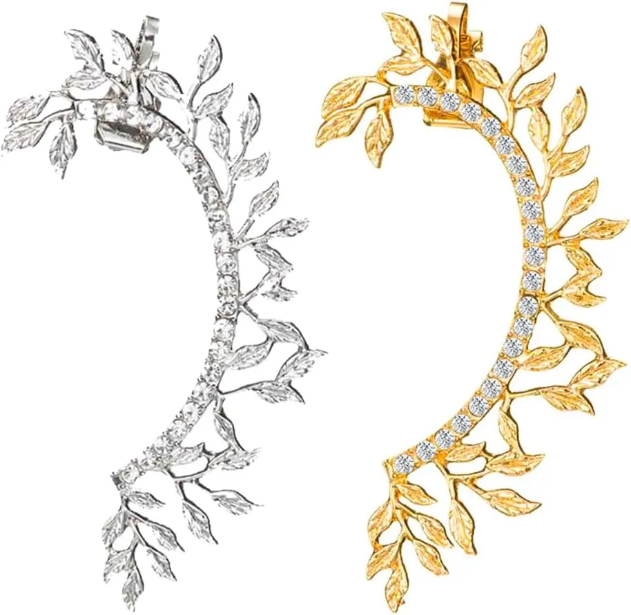 2 Pcs Rhinestone Leaf Ear Cuffs Non Piercing Cartilage Ear Clips Creative Crystal Climber Wrap Around Earrings Bling Fake Earrings Ear Clip Jewelry
