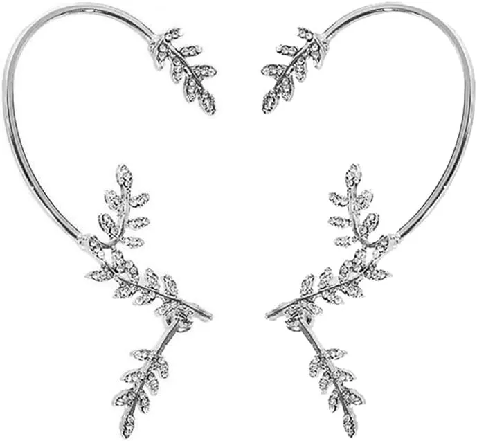 2 Pcs Rhinestone Leaf Earring Cuffs Non Piercing Cartilage Ear Clips Glitter Crystal Climber Wrap Around Earring Creative Fake Earrings Fashion Ear Clip Jewelry
