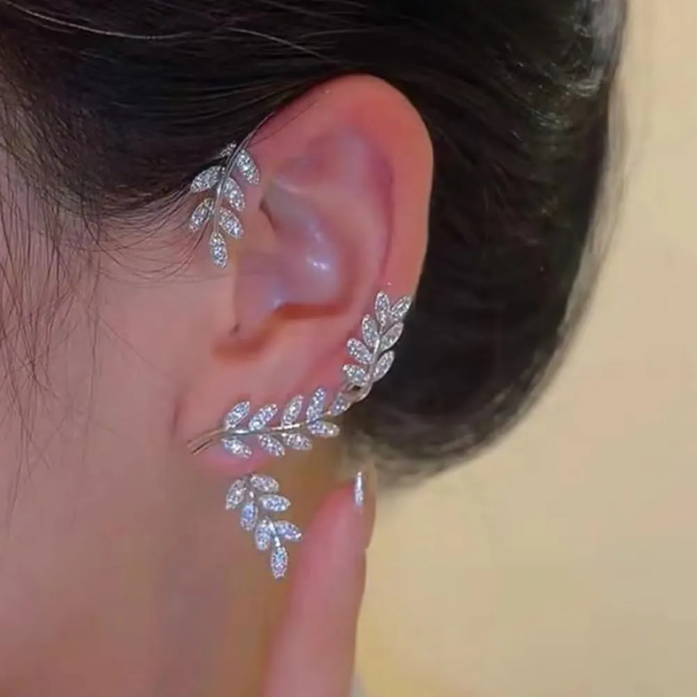 2 Pcs Rhinestone Leaf Earring Cuffs Non Piercing Cartilage Ear Clips Glitter Crystal Climber Wrap Around Earring Creative Fake Earrings Fashion Ear Clip Jewelry