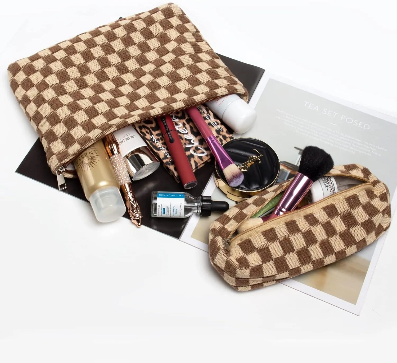 2 Pcs Small Makeup Bag, Checkered Cosmetic Bag and Makeup Brush Storage Bag Mini Makeup Pouch for Purse Cute Travel Cosmetic Bag Organizer Aesthetic Accessories Storage Bag Travel Essentials for Women