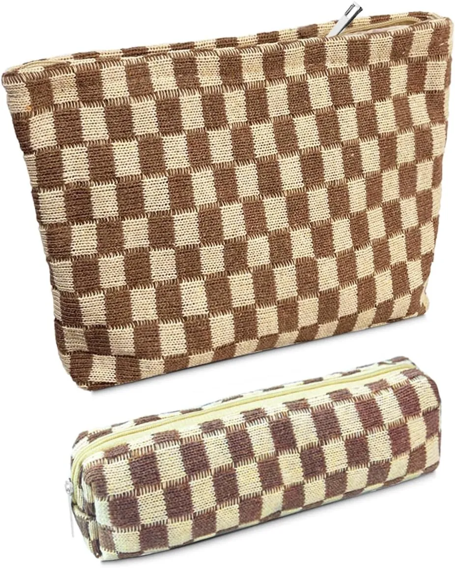 2 Pcs Small Makeup Bag, Checkered Cosmetic Bag and Makeup Brush Storage Bag Mini Makeup Pouch for Purse Cute Travel Cosmetic Bag Organizer Aesthetic Accessories Storage Bag Travel Essentials for Women
