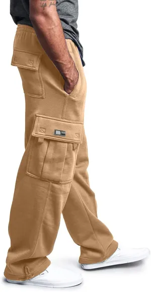 2024 Men's Heavyweight Fleece Cargo Sweatpants Stylish Stretch Elastic Waist Trousers Drawstring Loose Joggers Pants