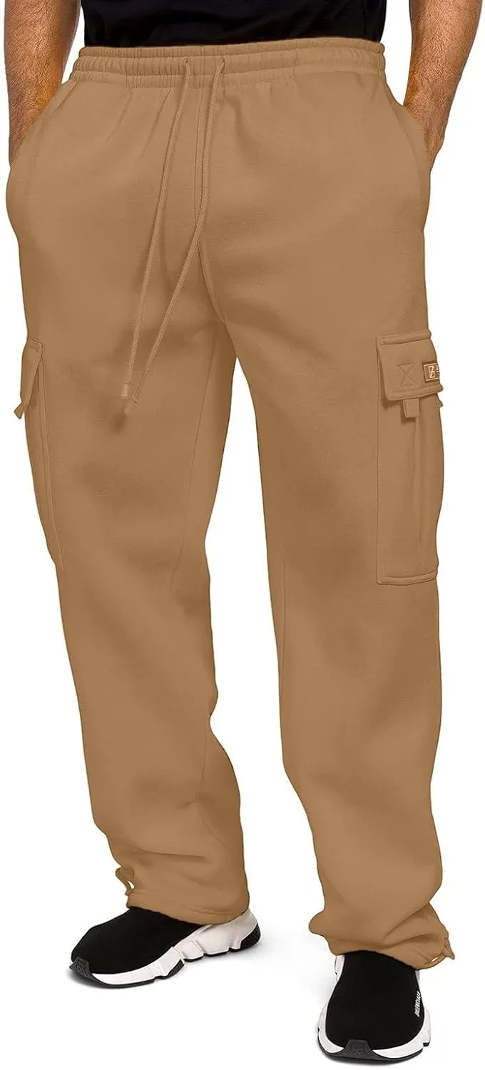 2024 Men's Heavyweight Fleece Cargo Sweatpants Stylish Stretch Elastic Waist Trousers Drawstring Loose Joggers Pants
