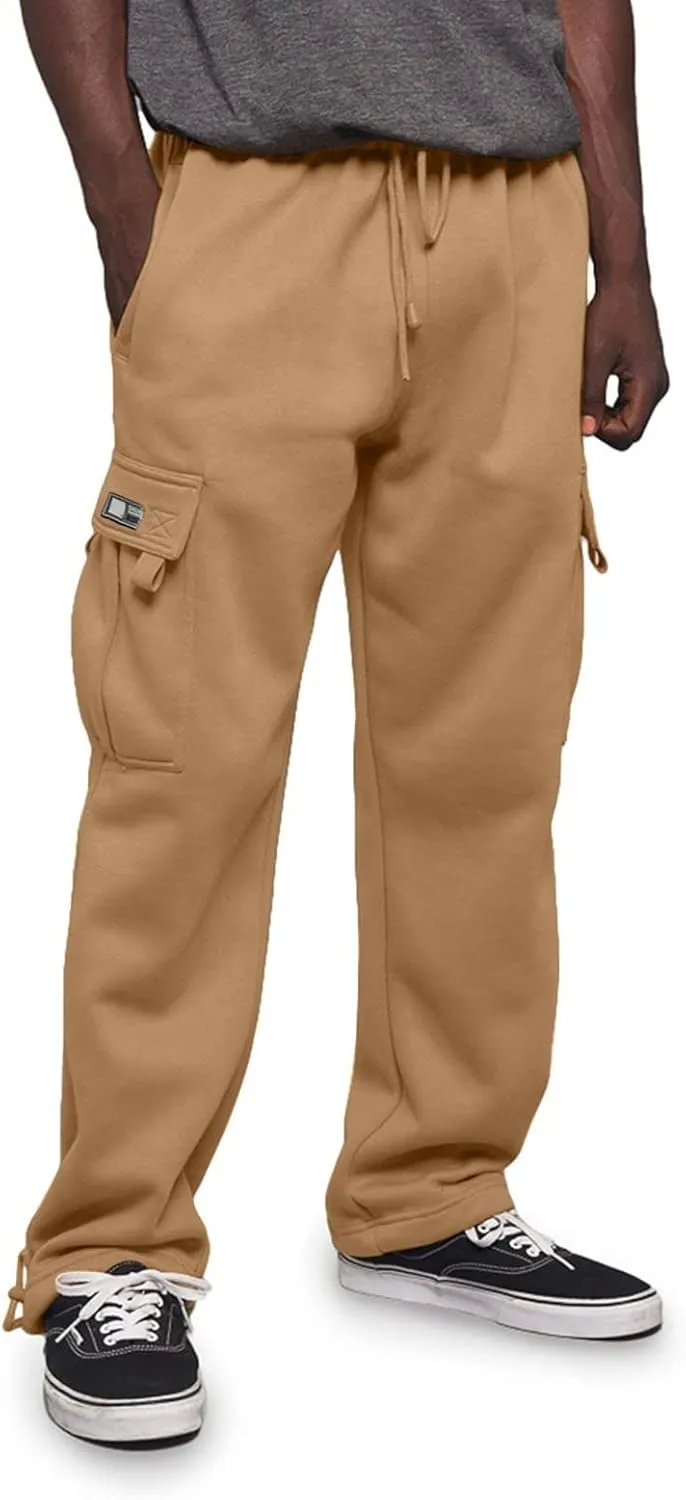 2024 Men's Heavyweight Fleece Cargo Sweatpants Stylish Stretch Elastic Waist Trousers Drawstring Loose Joggers Pants