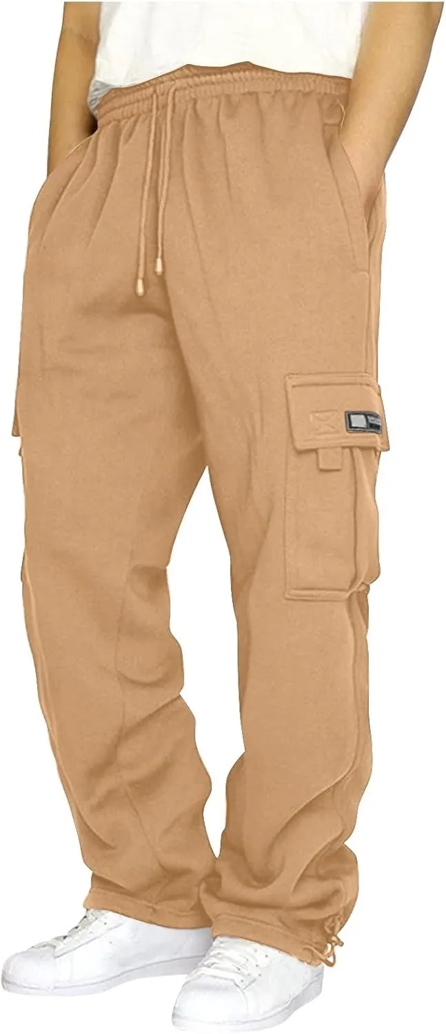 2024 Men's Heavyweight Fleece Cargo Sweatpants Stylish Stretch Elastic Waist Trousers Drawstring Loose Joggers Pants