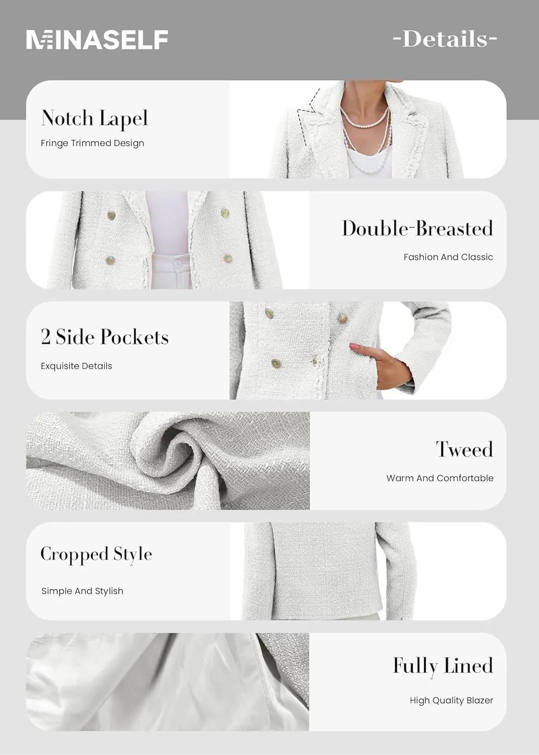 2025 Women's Spring Tweed Blazer Fashion Warm Fully-Lined Elegant Trendy Casual Double-Breasted Jacket with Pockets
