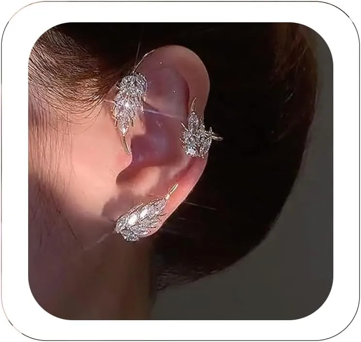 2PCS Glitter Crystal Wheat Ear Cuffs Earrings Vintage Leaf Cartilage Ear Wrap Fairy Non-Pierced Fake Earrings Prom Party Accessories for Women Girls