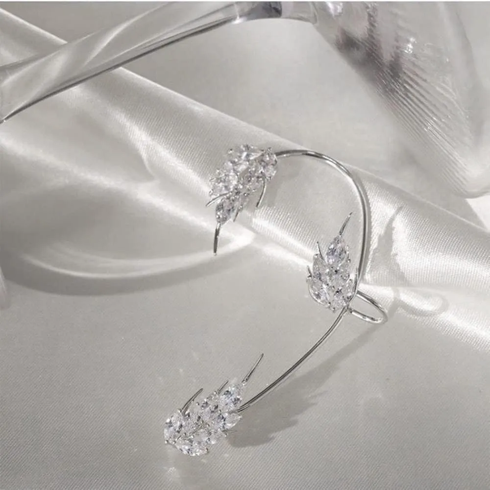 2PCS Glitter Crystal Wheat Ear Cuffs Earrings Vintage Leaf Cartilage Ear Wrap Fairy Non-Pierced Fake Earrings Prom Party Accessories for Women Girls