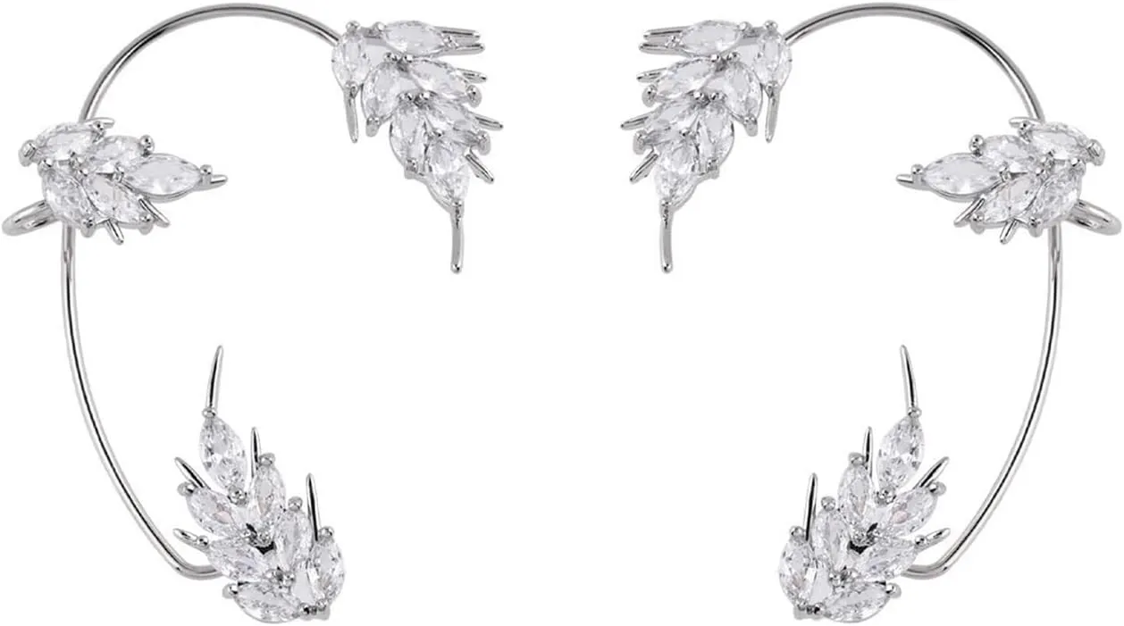 2PCS Glitter Crystal Wheat Ear Cuffs Earrings Vintage Leaf Cartilage Ear Wrap Fairy Non-Pierced Fake Earrings Prom Party Accessories for Women Girls