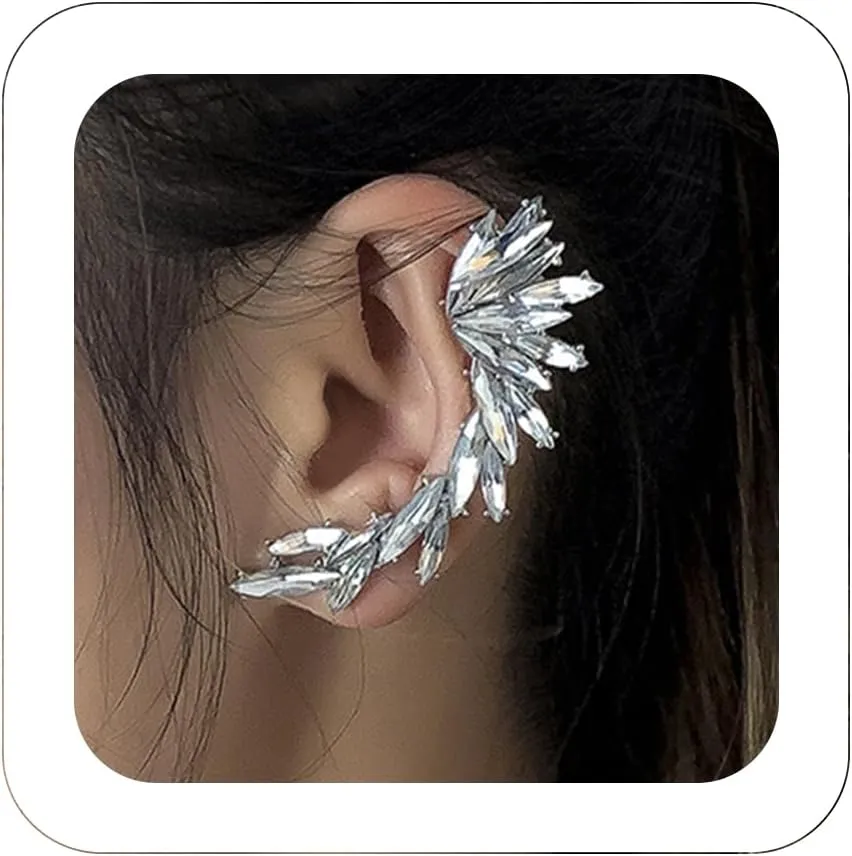 2PCS Silver Rhinestone Ear Cuffs Earrings Crystal Ear Crawler Earrings Vintage Leaf Cuff Wrap Earrings Zircon Cartilage Climber Earrings Prom Jewelry for Women