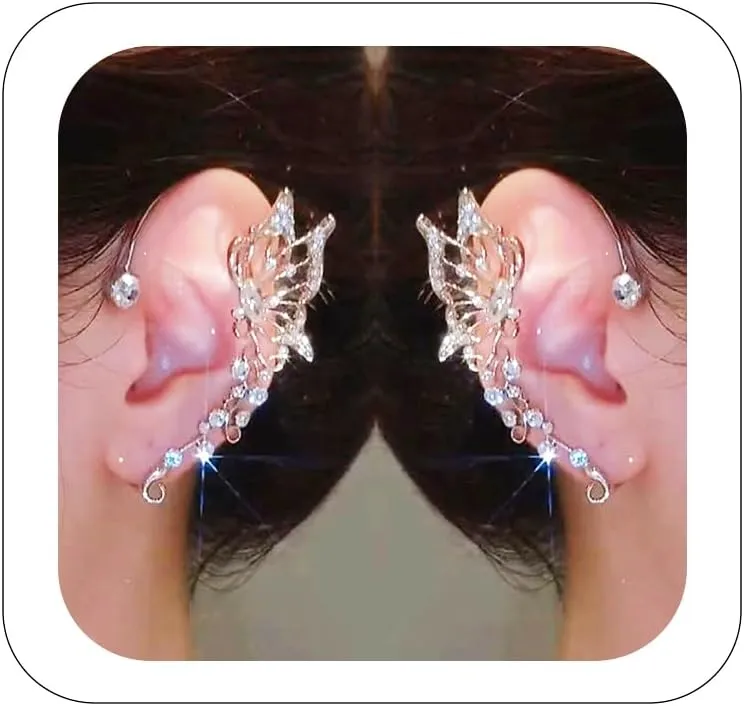2Pcs Sparkly Rhinestone Butterfly Ear Cuffs - Fairy Crystal Ear Cuffs, Climber Cuff Wrap Around Earrings - Non-Piercing Ear Clip Fake Earrings in Gold and Silver for Women