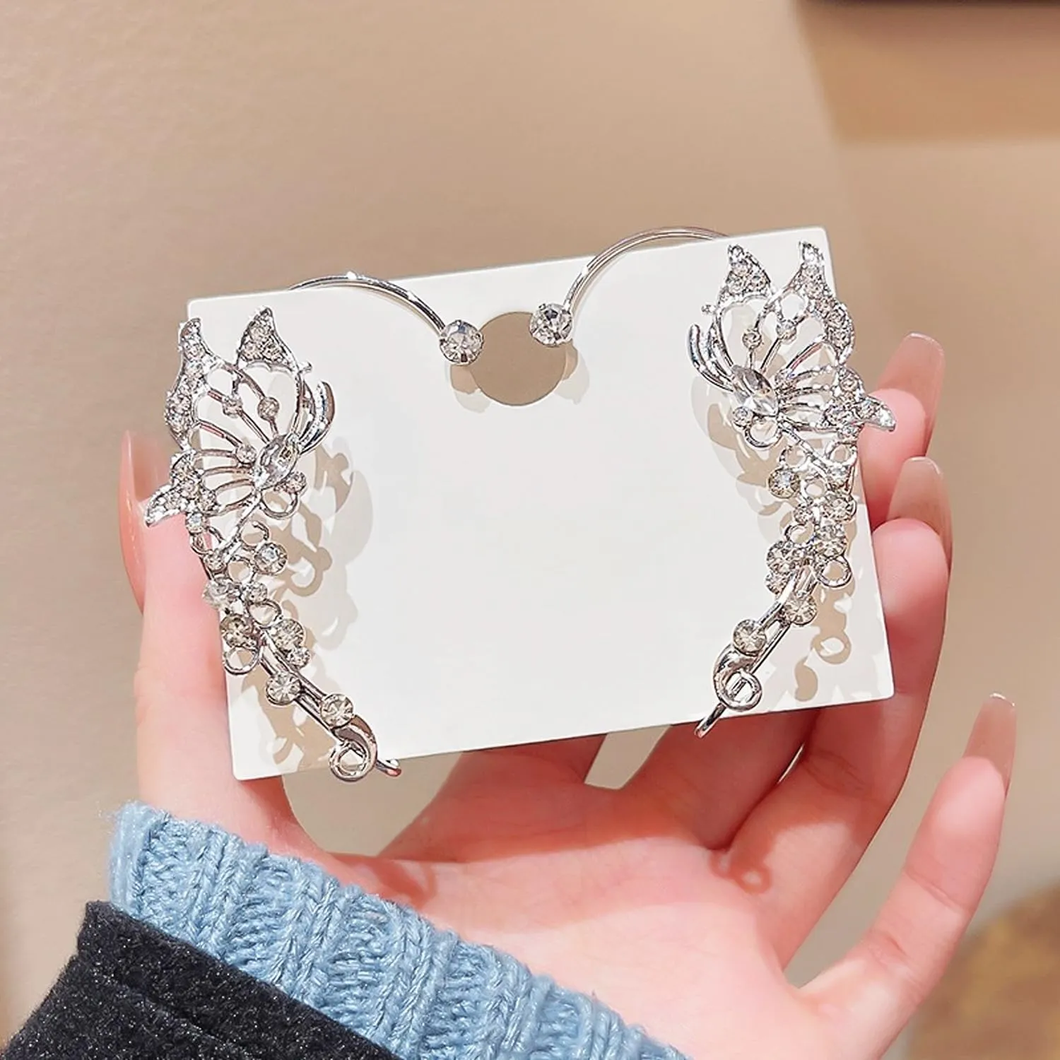 2Pcs Sparkly Rhinestone Butterfly Ear Cuffs - Fairy Crystal Ear Cuffs, Climber Cuff Wrap Around Earrings - Non-Piercing Ear Clip Fake Earrings in Gold and Silver for Women