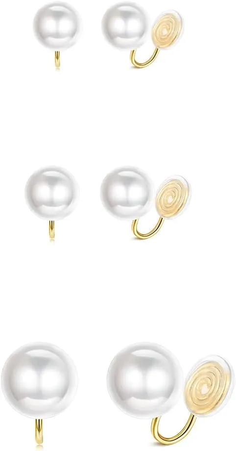 3 Pairs Pearl Clip on Earrings Women,Non Pierced Gold Plated White Imitation Pearl Cute Pearl No Piercing Fake Earrings