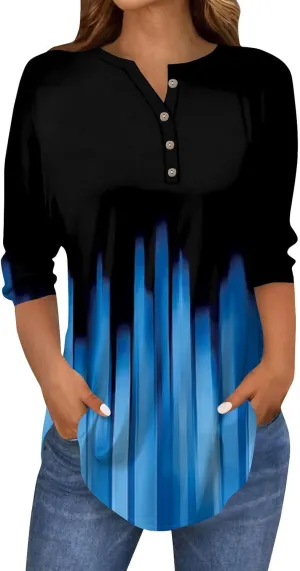 3/4 Length Sleeve Henley Shirts For Women Henley Spring Button Down Tops Baggy V Neck Blouses