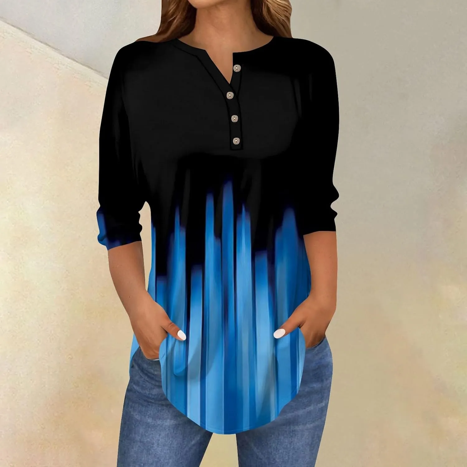3/4 Length Sleeve Henley Shirts For Women Henley Spring Button Down Tops Baggy V Neck Blouses