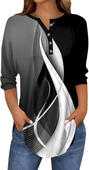 3/4 Length Sleeve Womens Tops 2025 Casual Henley Neck Petite Shirts Three Quarter Sleeve Tshirts