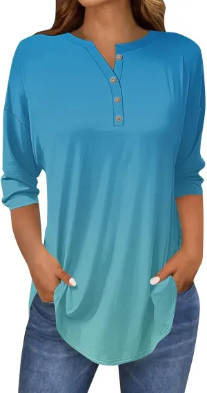 3/4 Length Sleeve Womens Tops 2025 Casual Loose Fit Long Tunic Tops Henley Neck Three Quarter Sleeve Button Up Shirts