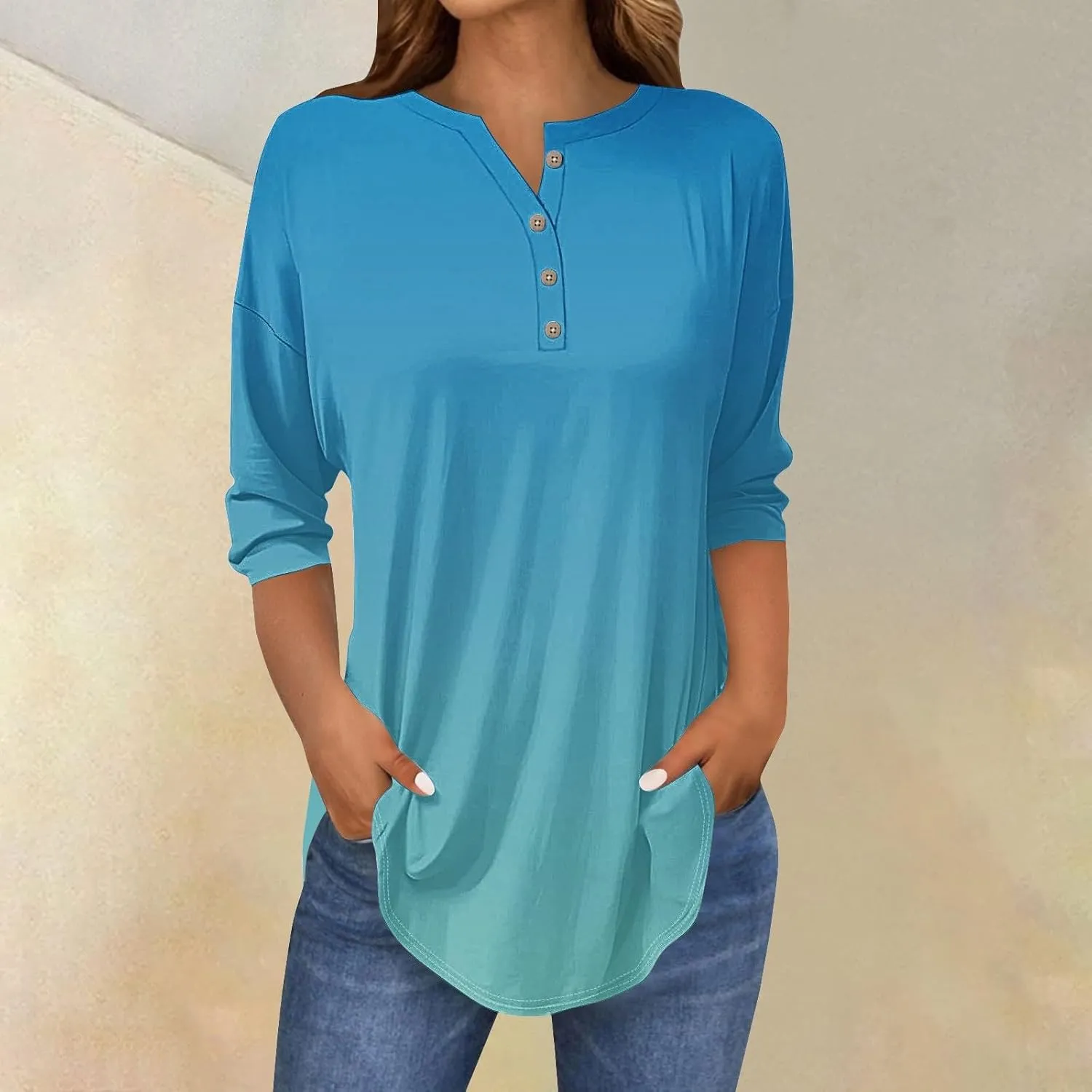3/4 Length Sleeve Womens Tops 2025 Casual Loose Fit Long Tunic Tops Henley Neck Three Quarter Sleeve Button Up Shirts