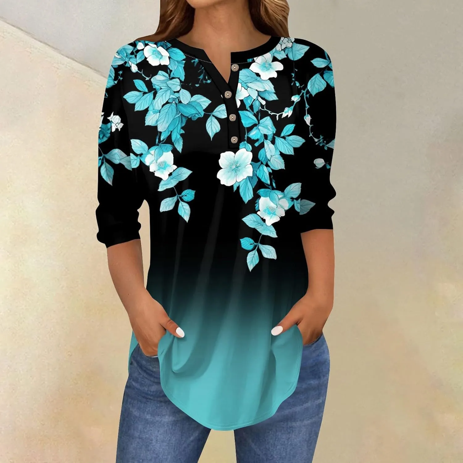 3/4 Length Sleeve Womens Tops 2025 Spring Summer Henley Neck Trendy Shirts Loose Fit Dressy Casual Blouses